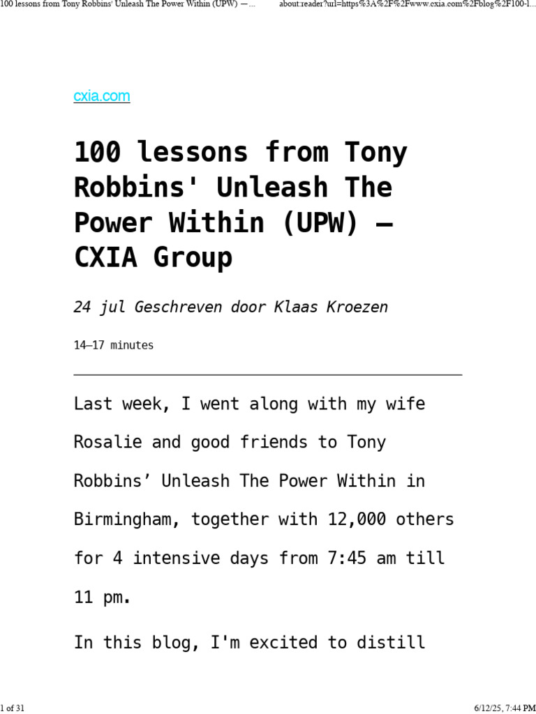 100 Lessons From Tony Robbins' - Unleash The Power Within (UPW