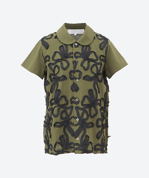 PLEATS PLEASEサークル刺繍 丸襟カットソー 半袖 変形スリーブ PLEATS