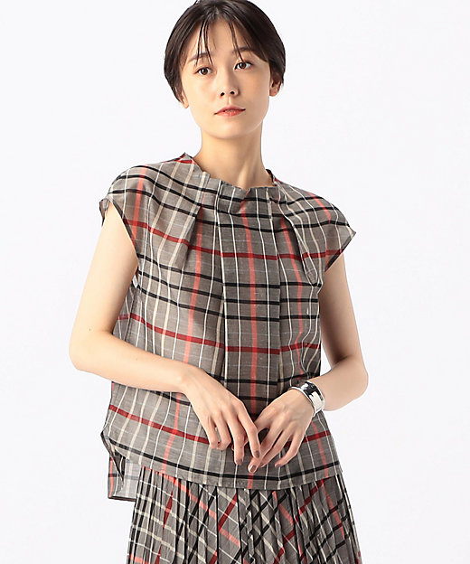 シアーリネンチェック フレンチスリーブブラウス（0103HH01