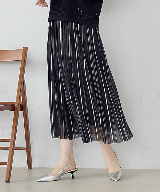 モノトーンストライプ チュール プリーツスカート（1250FG07