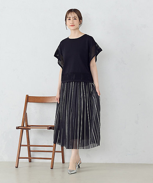 モノトーンストライプ チュール プリーツスカート（1250FG07