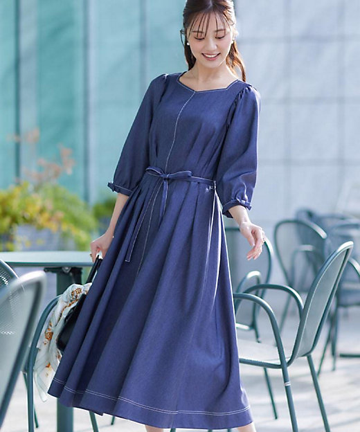 大人可愛い・美シルエット】デニムライク袖リボンワンピース