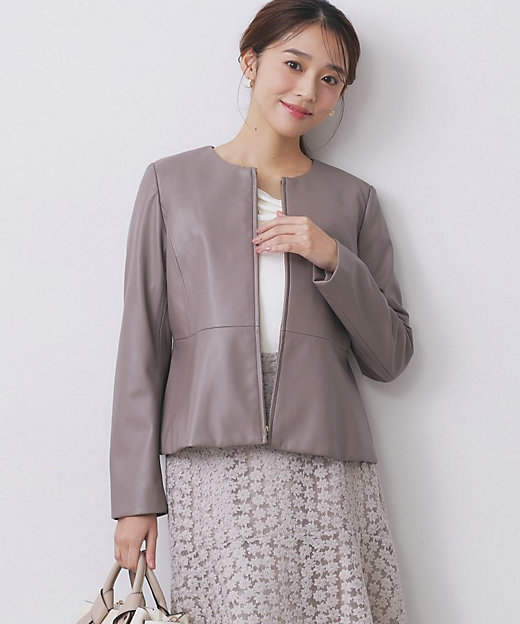 レザー調ストレッチペプラムジャケット【洗える