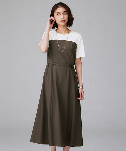 きれいめカジュアル／セミフレア】異素材ドッキングワンピース