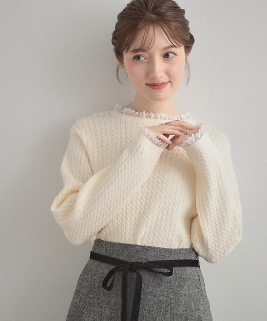 大人上品・着映え】ケーブルレース バックリボンニット