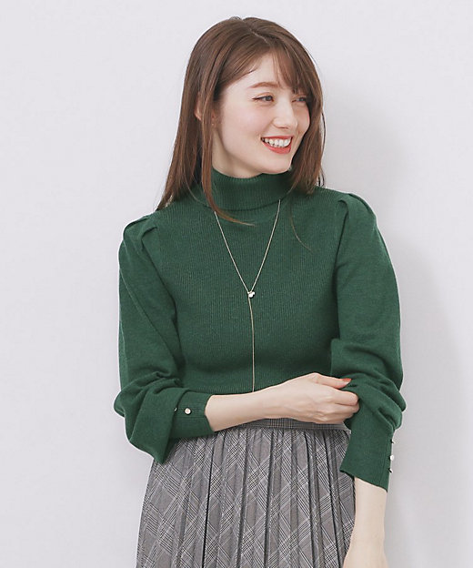 タートルネックタックパフスリーブニット【洗濯機OK
