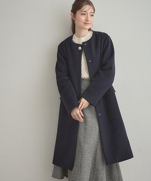 通勤／ビジューブローチ付き】ノーカラー ロングコート