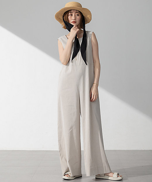 洗える】リネンレーヨンストレッチ スクエアネック オールインワン