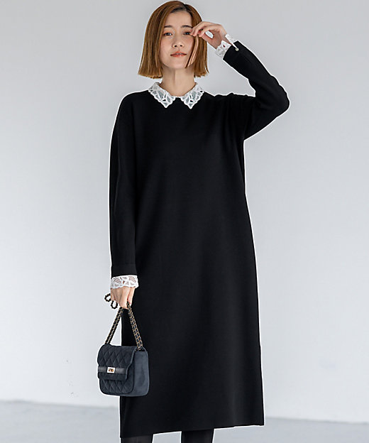 洗える／吊り干しOK】レーヨンストレッチ レース襟 ワンピース