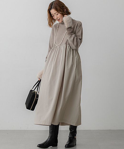 洗える】ギャザーコンビ ニットワンピース（OPWOGW0658