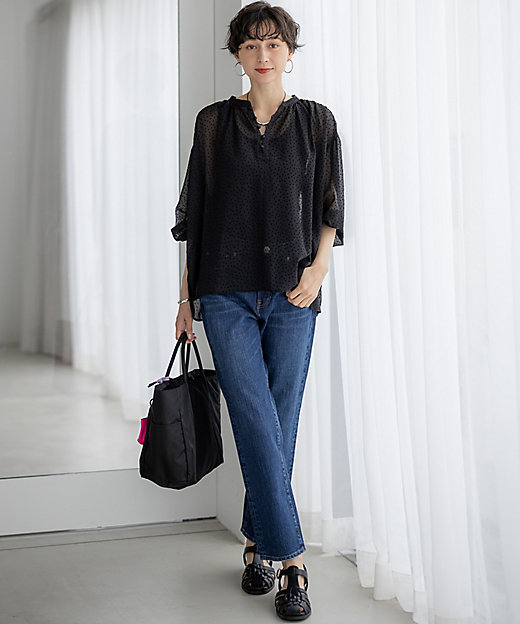 洗える】ドットフロッキー ボリュームスリーブ ブラウス