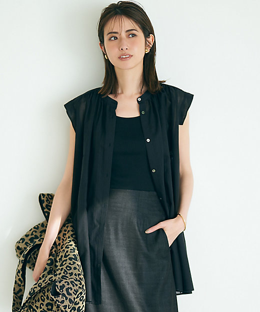 洗える】シアーストライプ ノースリーブ ブラウス