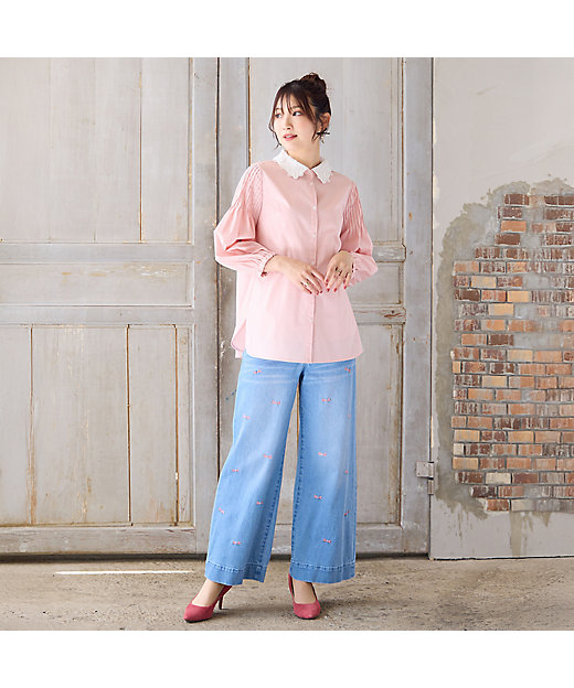 人気デザイン】【手洗いOK】リボン刺繍ワイドデニム