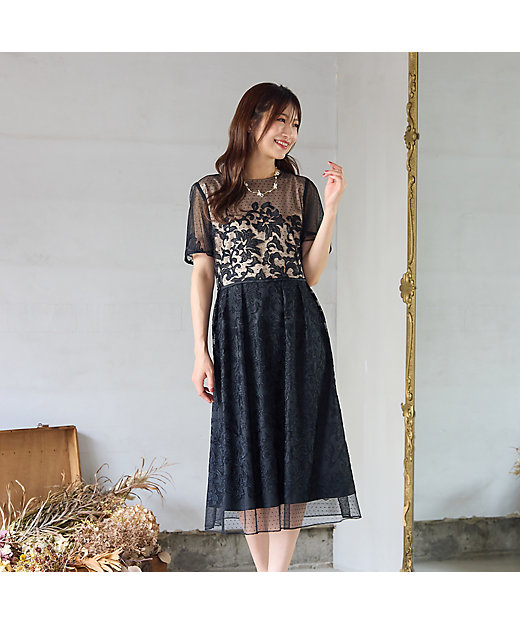 美シルエット】ドットチュール刺繍ワンピース（51015504