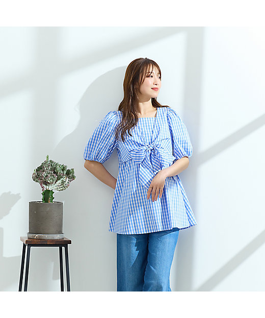 コットン100％／手洗い可】ギンガムチェックリボンブラウス