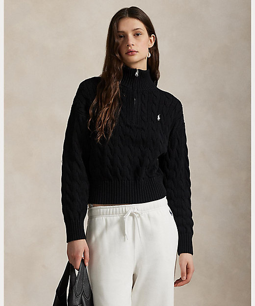 ケーブルニット コットン クォータージップ セーター