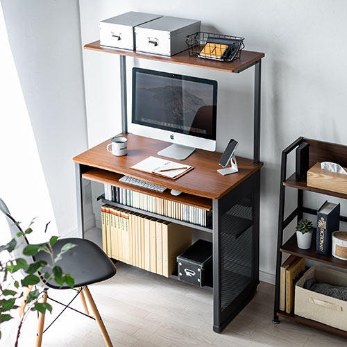 パソコンラック 幅90cm キーボードスライダー付き 木目柄 ブラウン 100