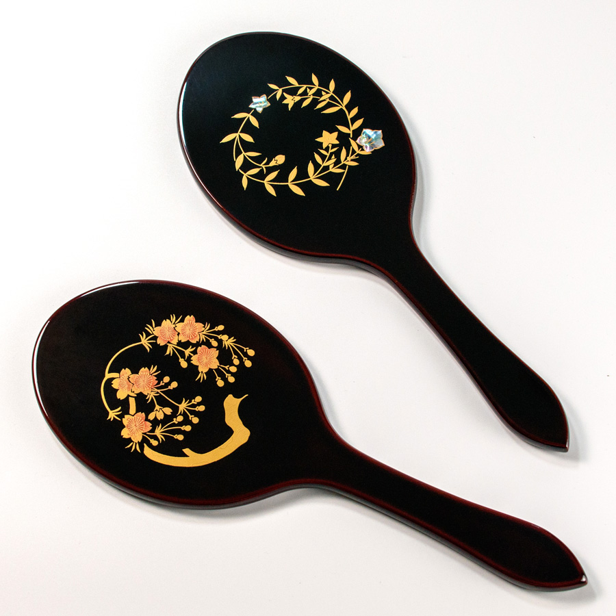 木製手鏡 桜蒔絵/青貝桔梗 漆塗り ハンドミラー 漆器の井助