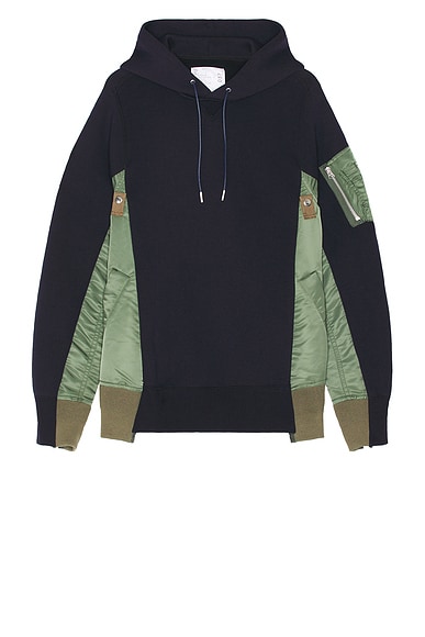 Sacai Sponge Sweat X Nylon Twill Hoodie in Navy & Khaki | FWRD
