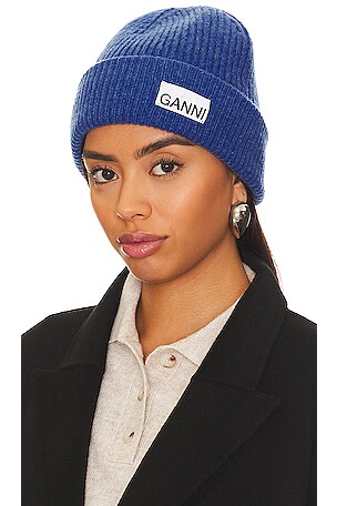 Ganni Light Structured Rib Knit Beanie in Nautical Blue | REVOLVE