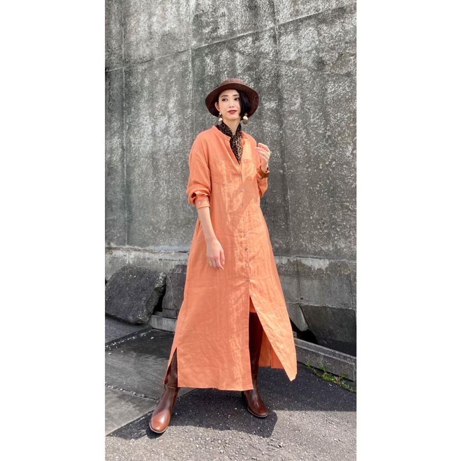 リネン バンドカラー ワンピース シャツ トール アースカラー オレンジ
