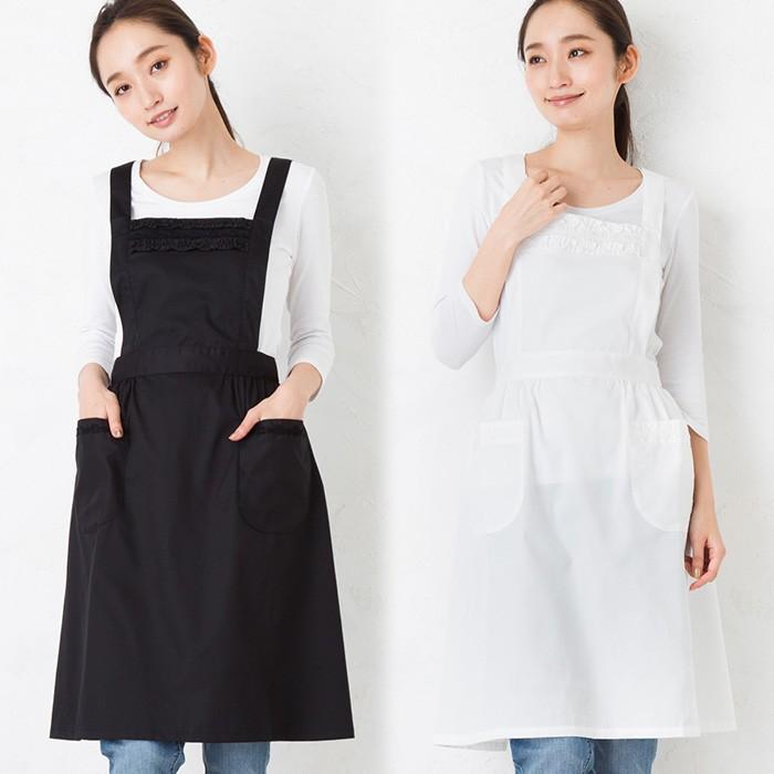 エプロン フォーマル 白 黒 ローズレース付きクロスエプロンドレス M-L