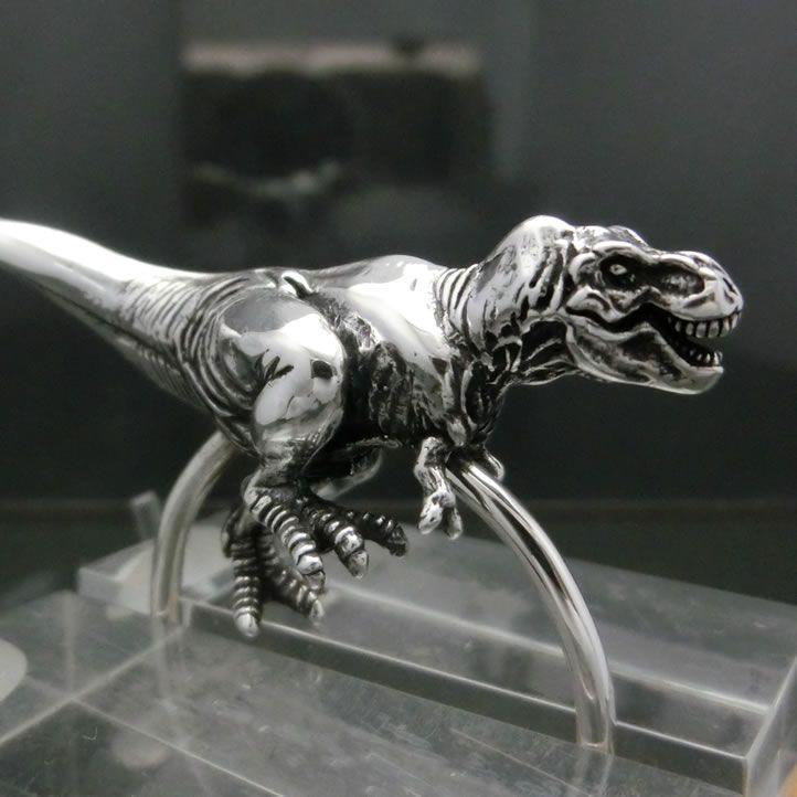 銀の恐竜、T-REX、ティラノサウルスキーリング シルバー925 銀製