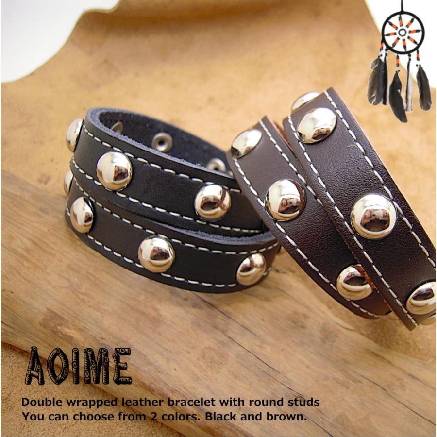 丸 スタッズ 鋲 ボール2重 ダブル レザー ブレスレット 巻き ラップ