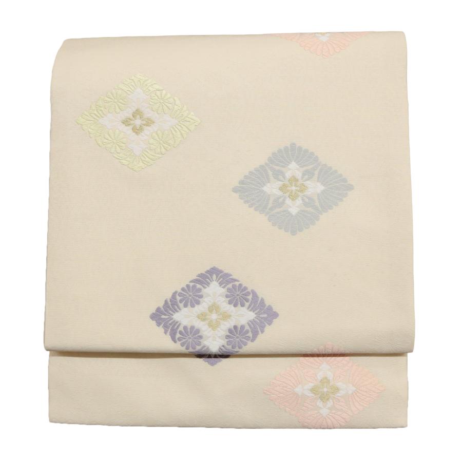 名古屋帯 オフホワイト 生成り色 花菱 仕立て済 仕立て上がり 正絹