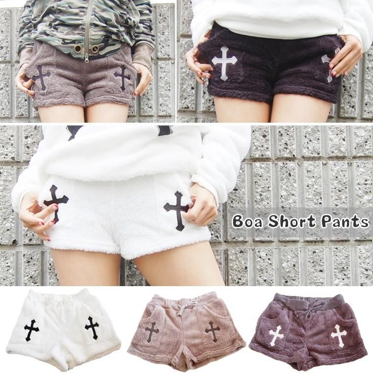 クロス刺繍ボアショートパンツ3色/ファー/ショーパン/レディース
