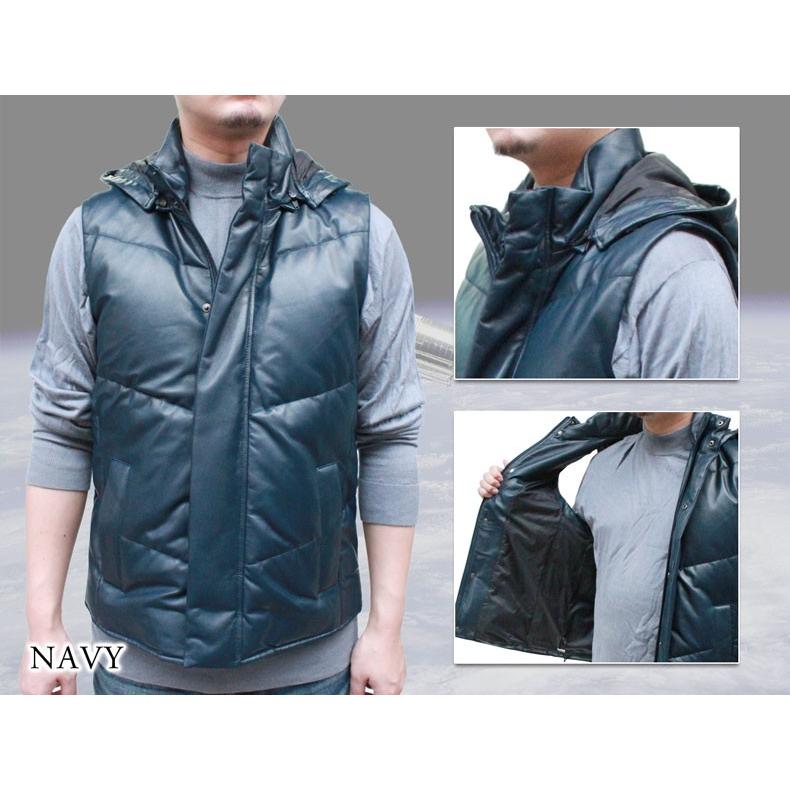 メンズ ダウンベスト ラム革 本革 フード付き レザーダウン ジレベスト