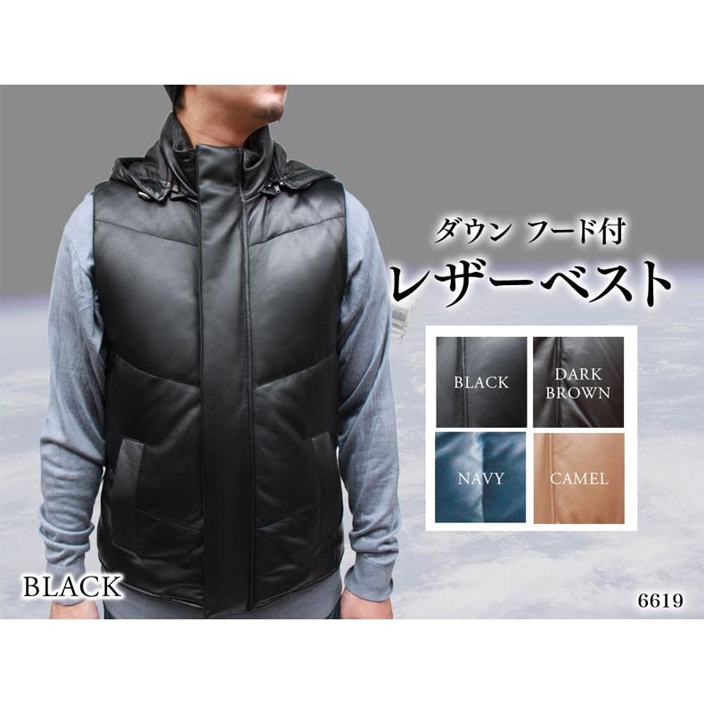 メンズ ダウンベスト ラム革 本革 フード付き レザーダウン ジレベスト