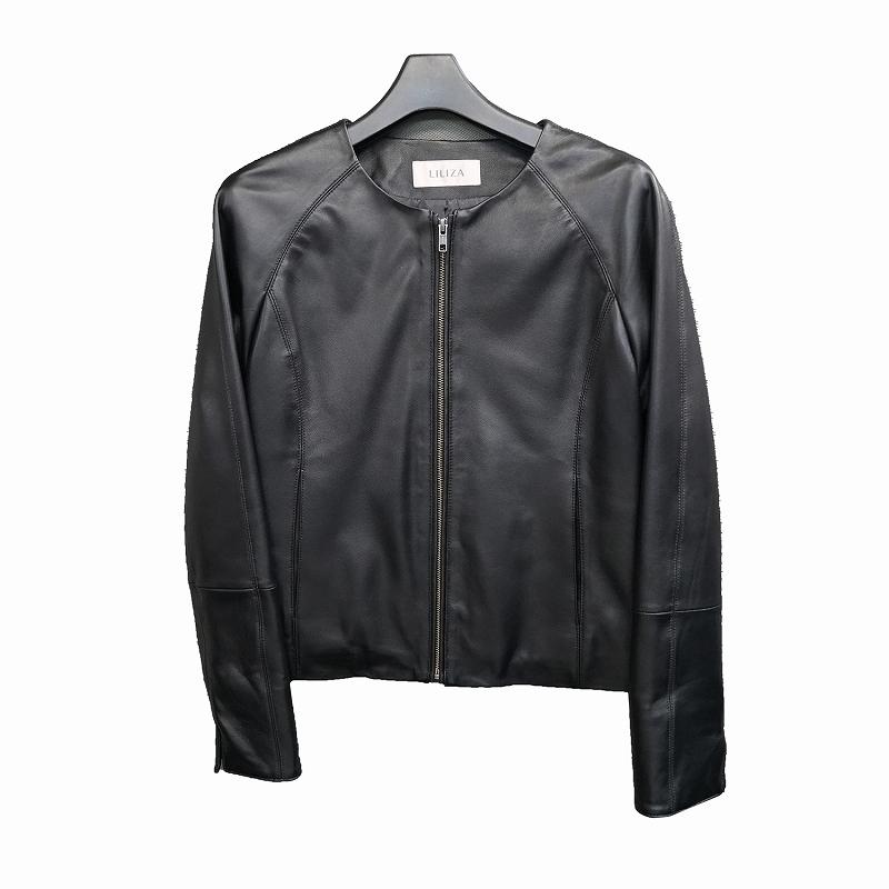 レディース ラム革 ノーカラー レザージャケット S/M/L/LL/3L ブラック