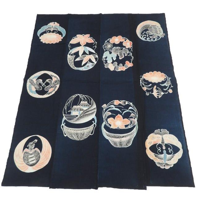 藍染 筒描き 筒描 筒書き つつがき 鶴 亀 蝶 草花 古裂 時代布 襤褸