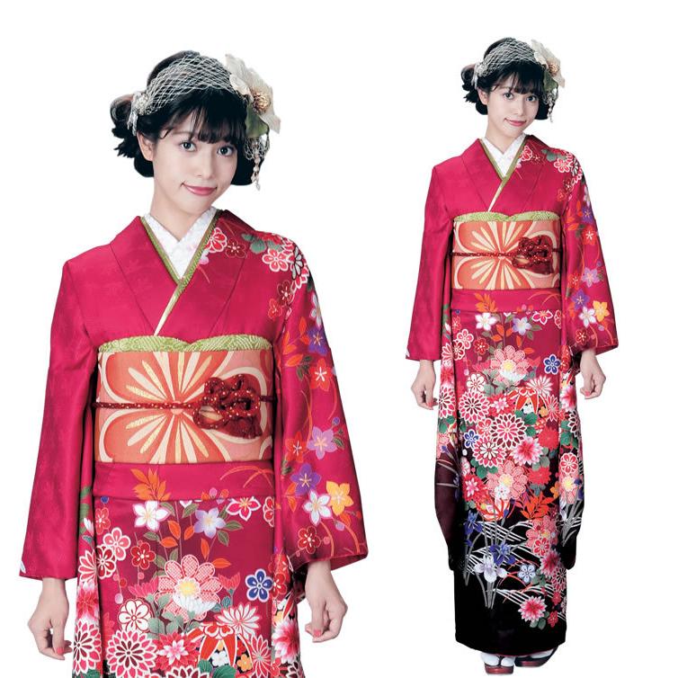 H.L（アッシュ・エル） 振袖3点セット 渋赤ピンク地桔梗と菊 振袖 袋帯