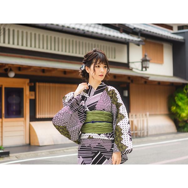 浴衣 レディース セット 3点 ( ゆかた へこ帯 下駄 ) 黒 白地 幾何学