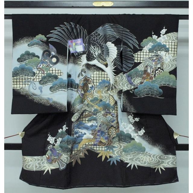 新品 0001 セール！お宮参り祝い着 男の子用熨斗目 黒 鷹・御所車