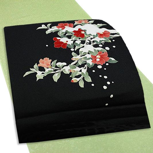 名古屋帯 十日町友禅 秀美 浜ちりめん 黒地 雪持ち椿 椿 花 雪 冬 九寸