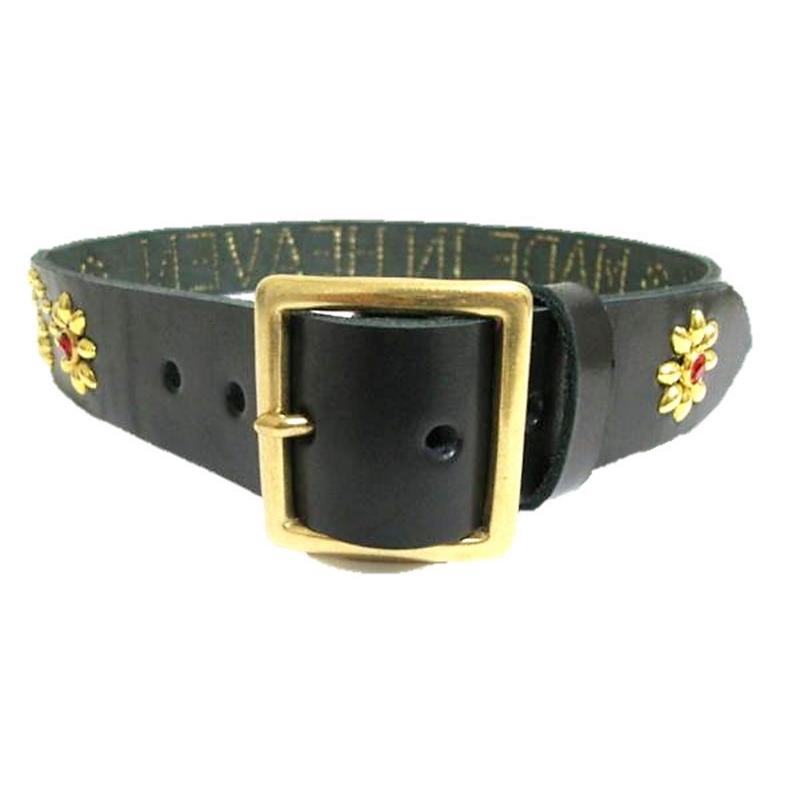 栃木レザー オリジナル文字入れスタッズベルト 黒 フラワーベース 真鍮
