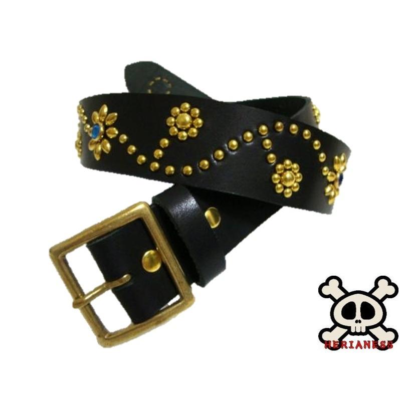 真鍮製バックル 栃木レザー フラワー型スタッズベルト 黒 ブルー