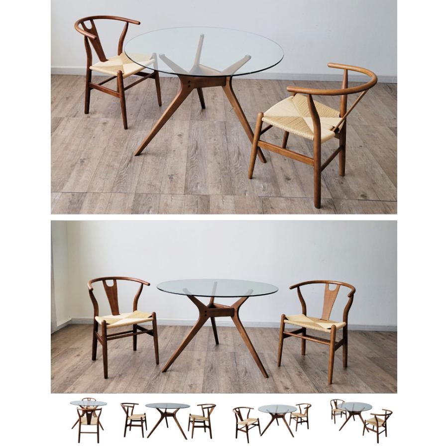 円形 ダイニングテーブル 3点セット ガラステーブル 木製チェア