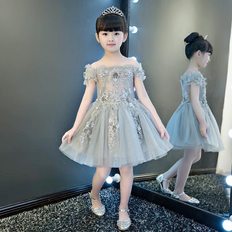 フラワーガールドレス 子供ドレス 女の子 グレー キッズ ミニドレス