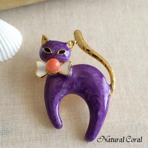 ピンク珊瑚 ぴんくさんご ブローチ 玉 ネコ ナチュラルコーラル : 珊瑚