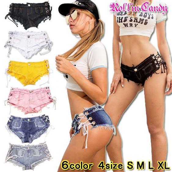 マイクロミニ丈 サイド編み上げ レースアップ ダメージデニム ホット