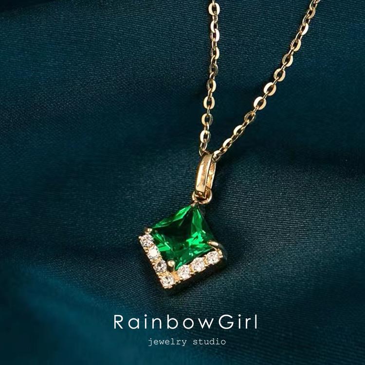 RainbowGirl ネックレス レディース エメラルド 一粒 小ぶり 四角