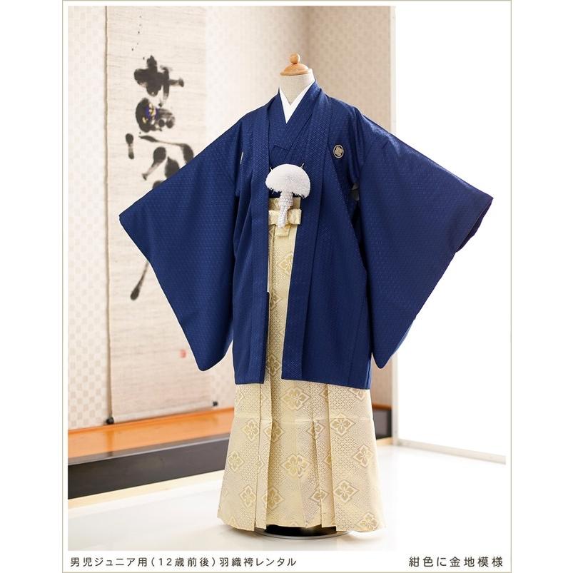 小学校卒業式 男 袴レンタル「紺色に金地模様」jmo016〔12歳〕〔紋付