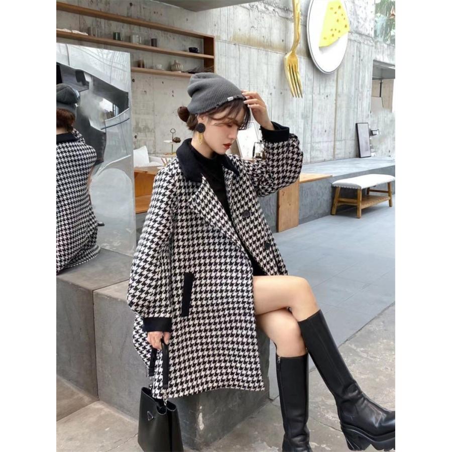 レディース チェック柄コート 千鳥格子 ミドル丈 秋冬 ヨーロピアン