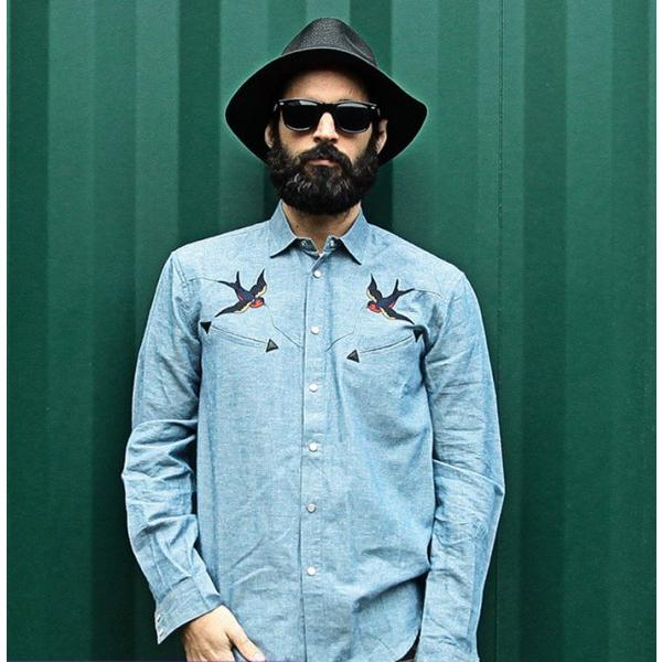 ウエスタン シャツ ツバメ刺繍 麻混 デニムシャツ ウォッシュ ブルー