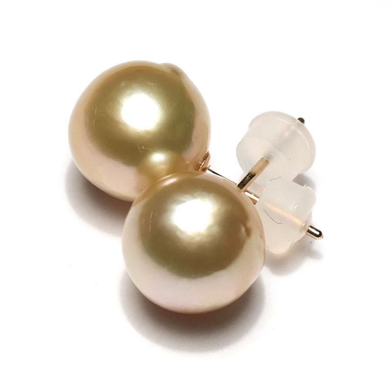 ピアス ゴールドパールピアス 白蝶真珠 幅10.1mmバロック形 スタッド