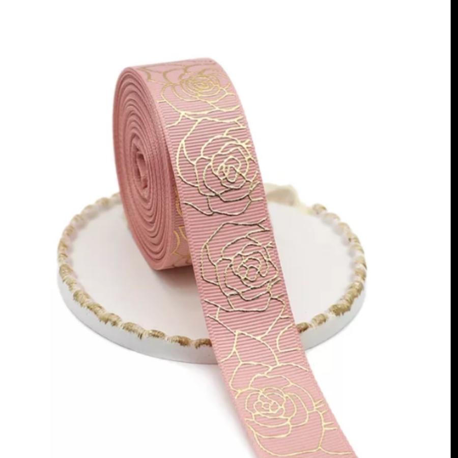 25mm幅 ゴールド箔押し ローズ柄 グログランリボン 2m : ハイランド